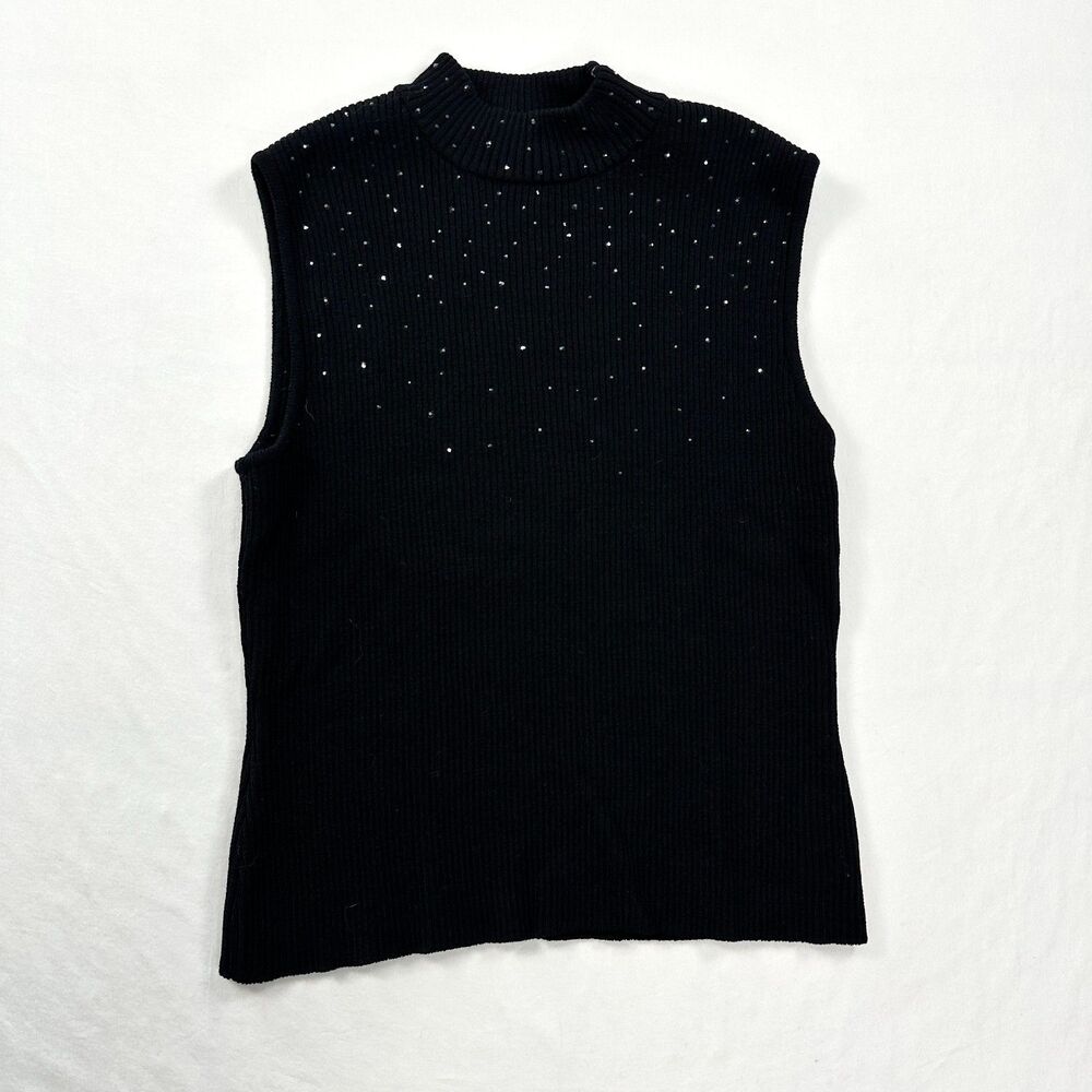 St John Santana Knit Top Medium Black Sparkle Sleeveless Mock Neck Dog Show